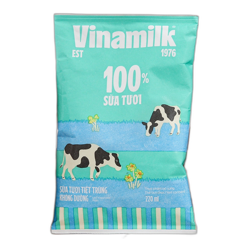 Sữa tươi tiệt trùng Vinamilk 100% không đường bịch 220ml