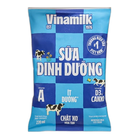 Sữa tươi tiệt trùng Vinamilk 100% ít đường bịch 220ml