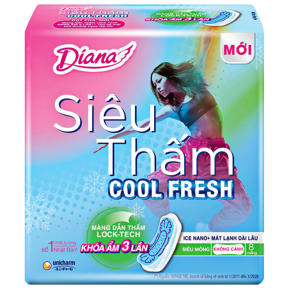 Băng vệ sinh Diana Sensi cool Fresh siêu thấm siêu mỏng không cánh  23cm 8 miếng 