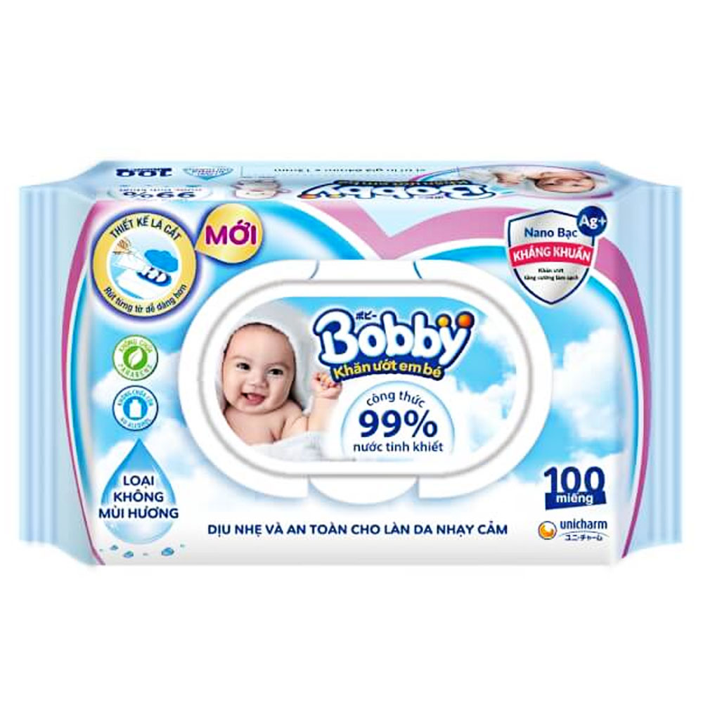 Khăn ướt  Bobby Care không hương xanh  100 tờ 