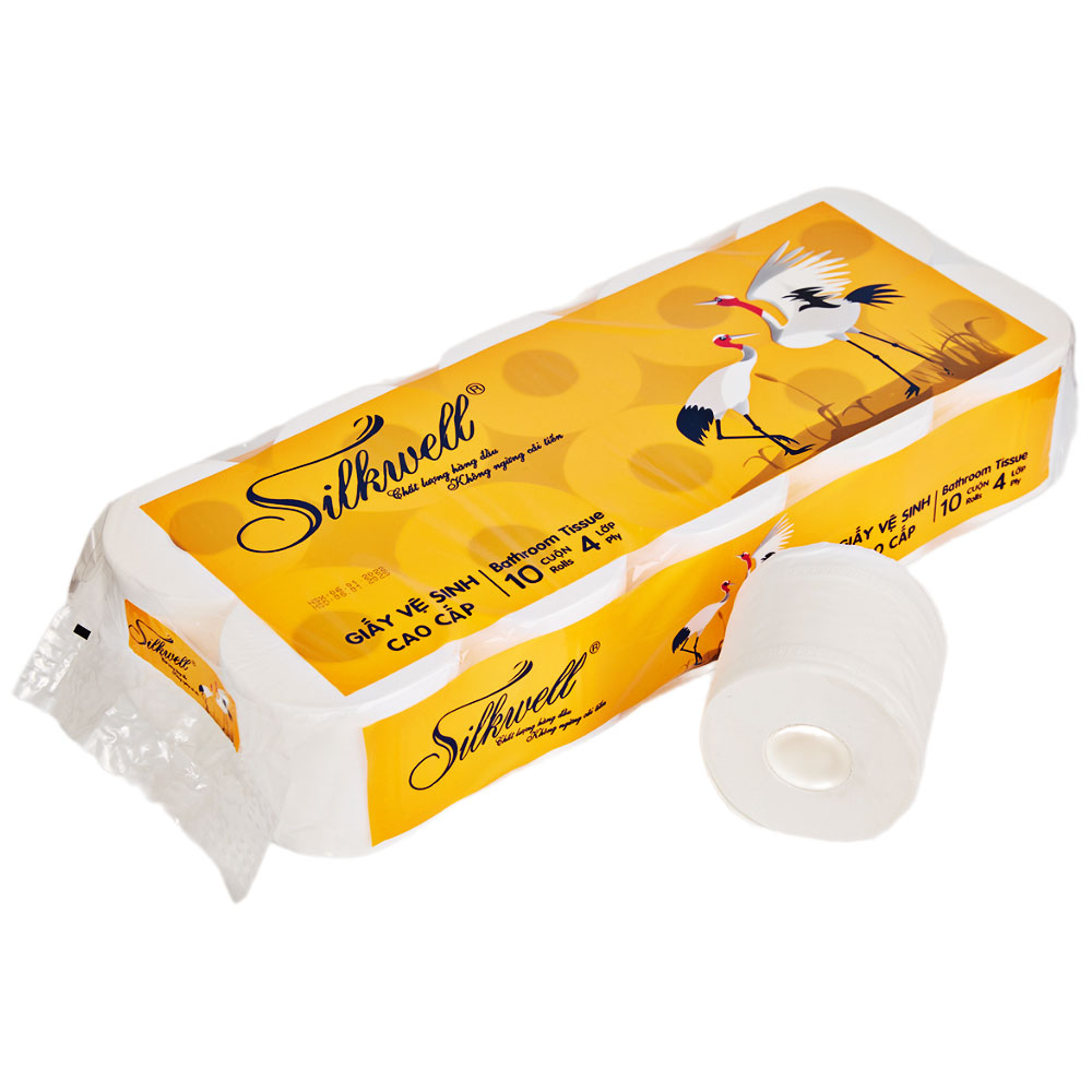 Giấy vệ sinh Silkwell cao cấp  4 lớp có lõi  sếu vàng 10 cuộn