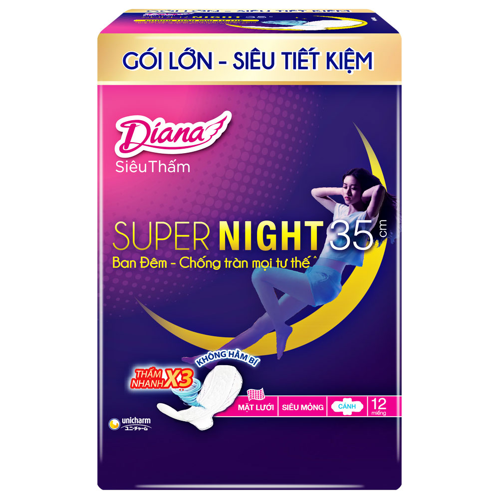 Băng vệ sinh Diana  Super Night siêu mỏng cánh 35cm 12 miếng 