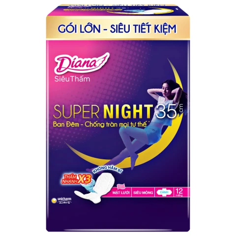 Băng vệ sinh Diana  Super Night siêu mỏng cánh 35cm 12 miếng 