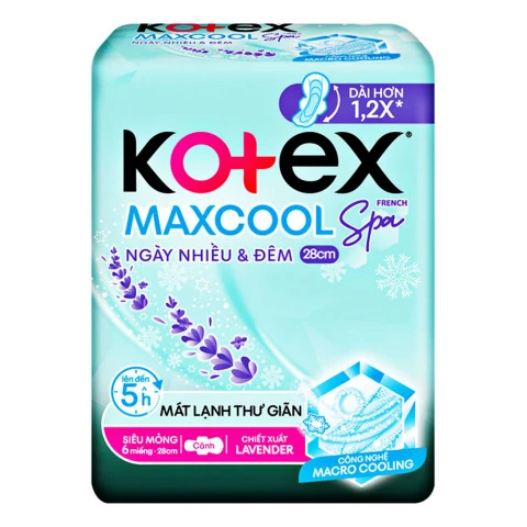 Băng vệ sinh Kotex Maxcool Spa siêu mỏng cánh  ngày nhiều và đêm 28cm   6 miếng 