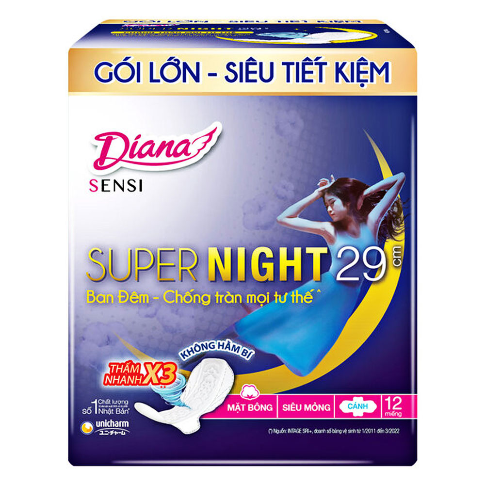 Băng vệ sinh Diana Sensi Super night siêu mỏng cánh  29cm  12 miếng 