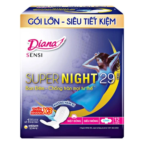 Băng vệ sinh Diana Sensi Super night siêu mỏng cánh  29cm  12 miếng 
