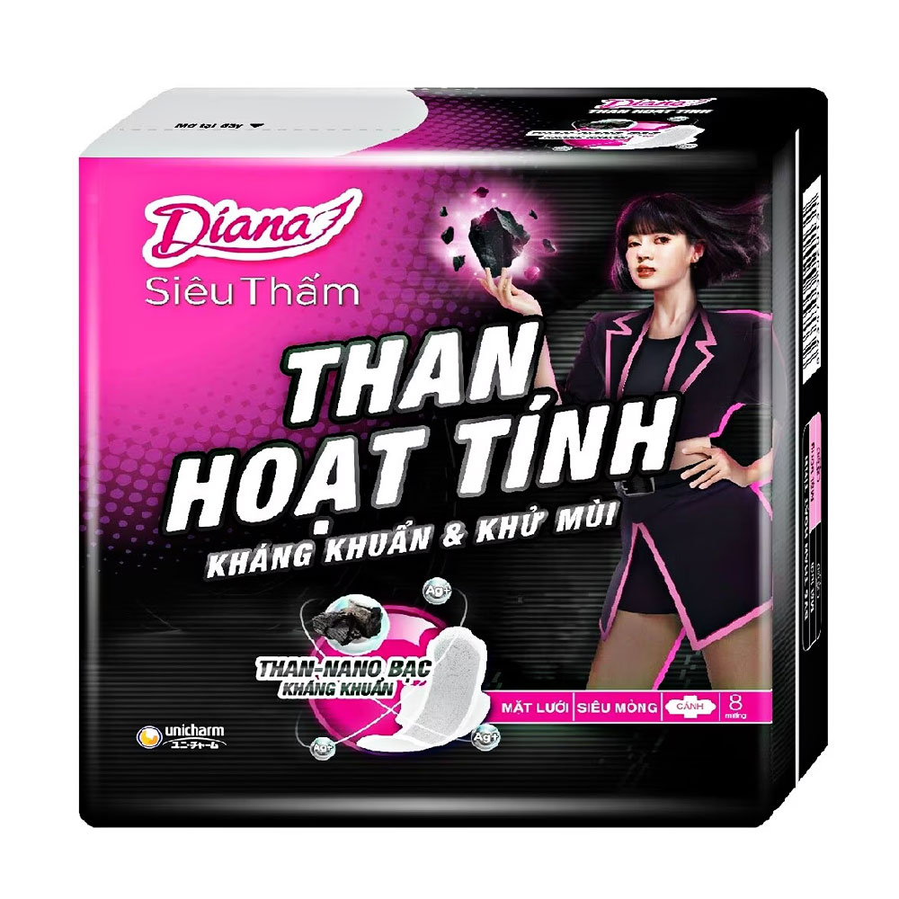 Băng vệ sinh Diana than hoạt tính mặt lưới siêu thấm siêu mỏng không cánh 8 miếng 