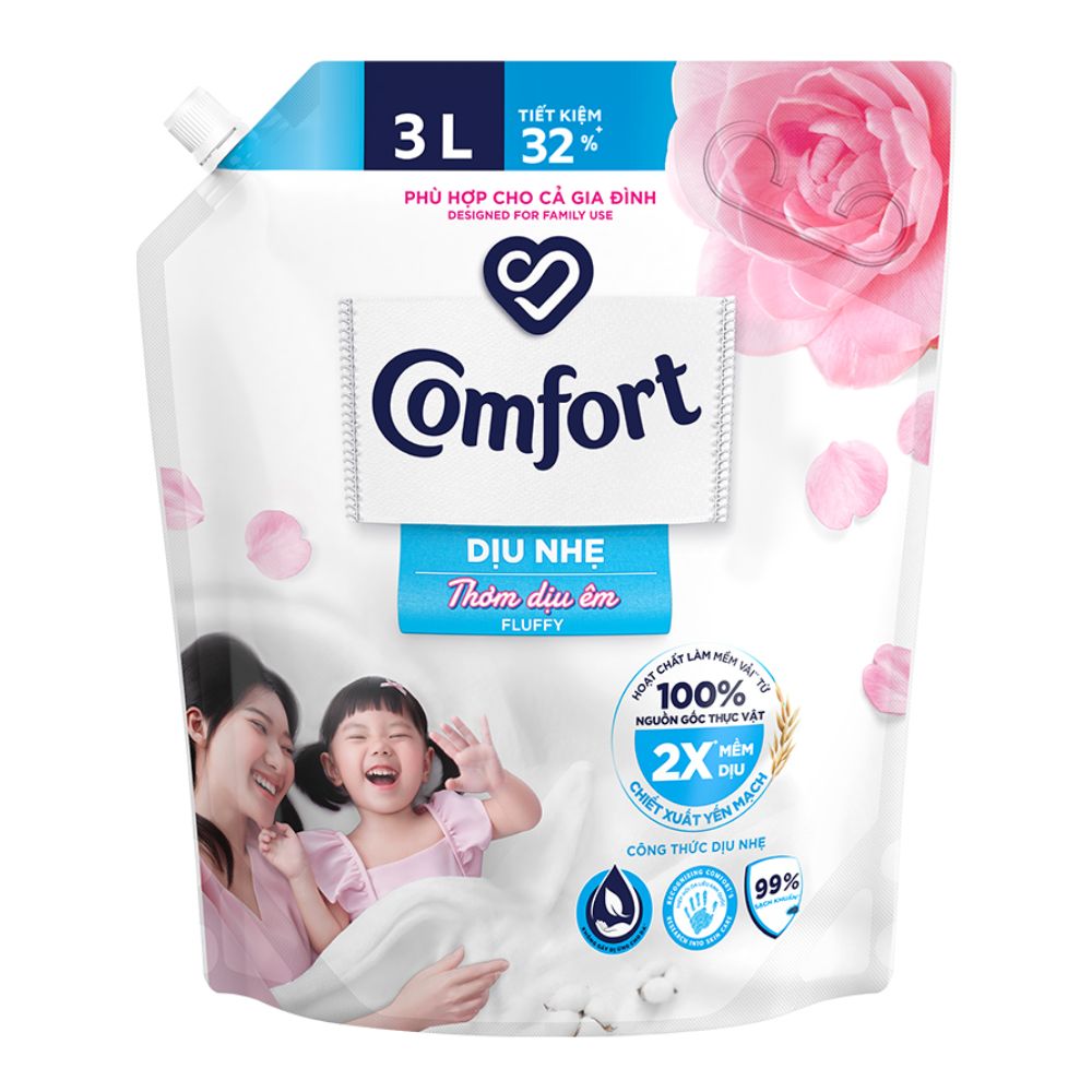Nước xả vải trẻ em Comfort dịu nhẹ thơm hương phấn túi trắng 3L