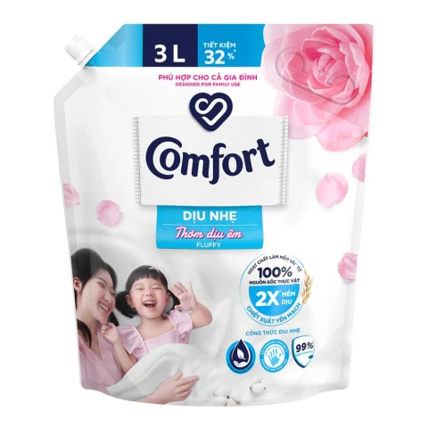Nước xả vải trẻ em Comfort dịu nhẹ thơm hương phấn túi trắng 3L