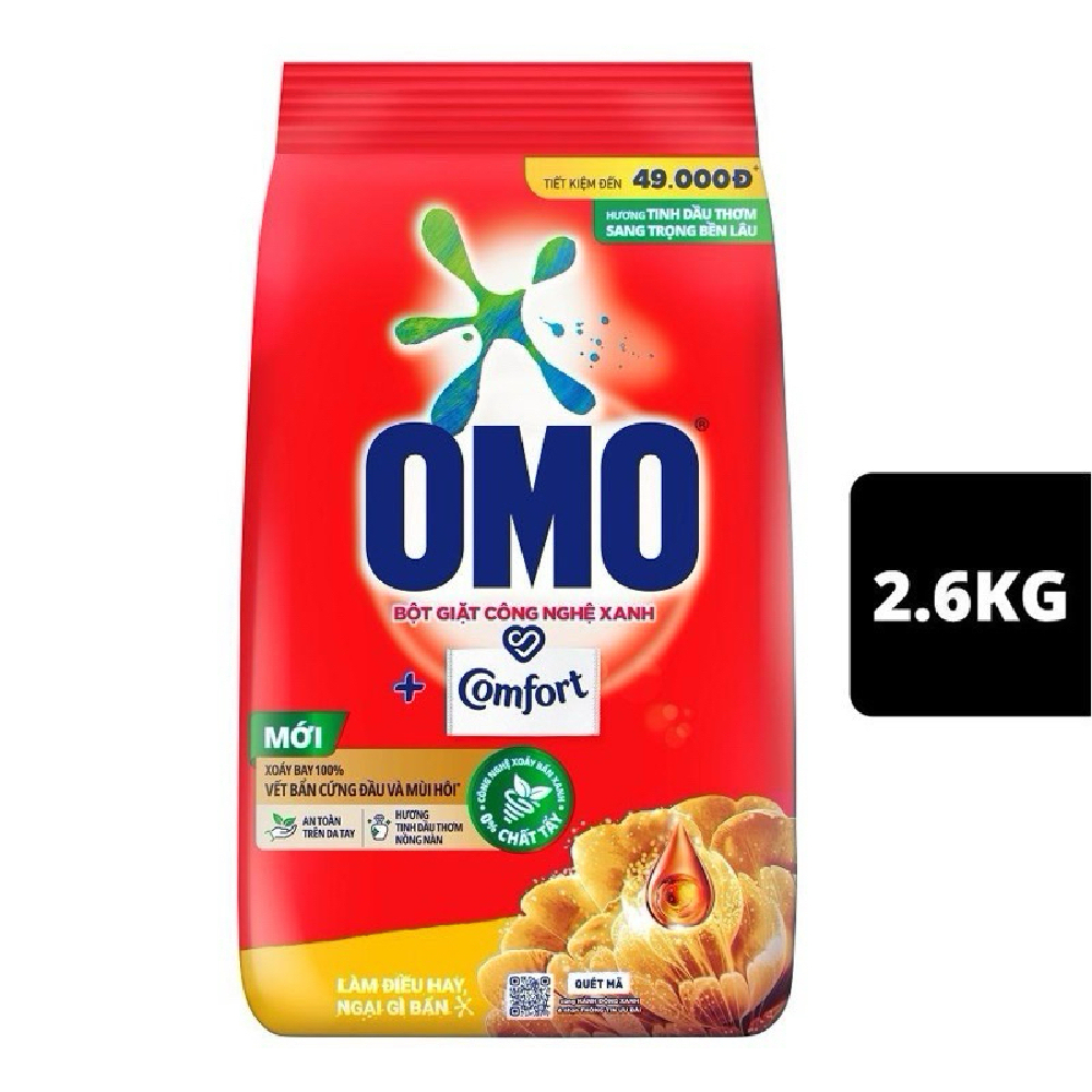 Bột giặt Omo  Comfort tinh dầu thơm nồng nàn sang trọng bền lâu 2.6kg
