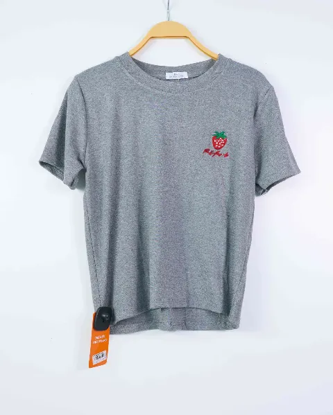 Áo phông nữ cổ tròn nhỏ zip Dâu ghi H.Hoàng