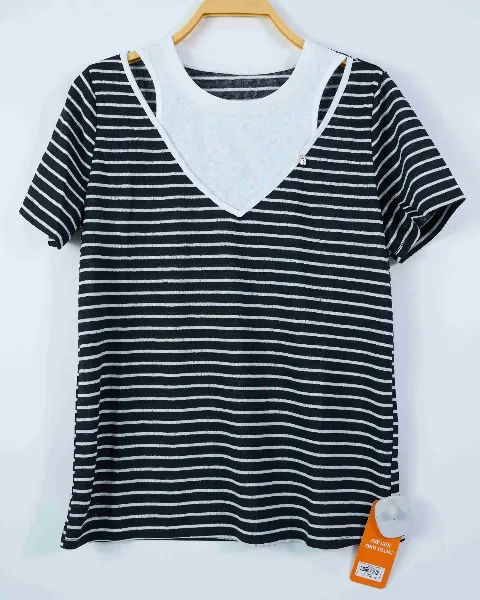 Áo phông nữ cổ tròn 0050 kẻ đen U.Tây