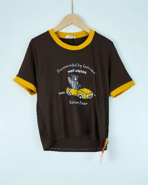 Áo phông nữ cổ tròn ôm zip ô tô nâu H.Hoàng