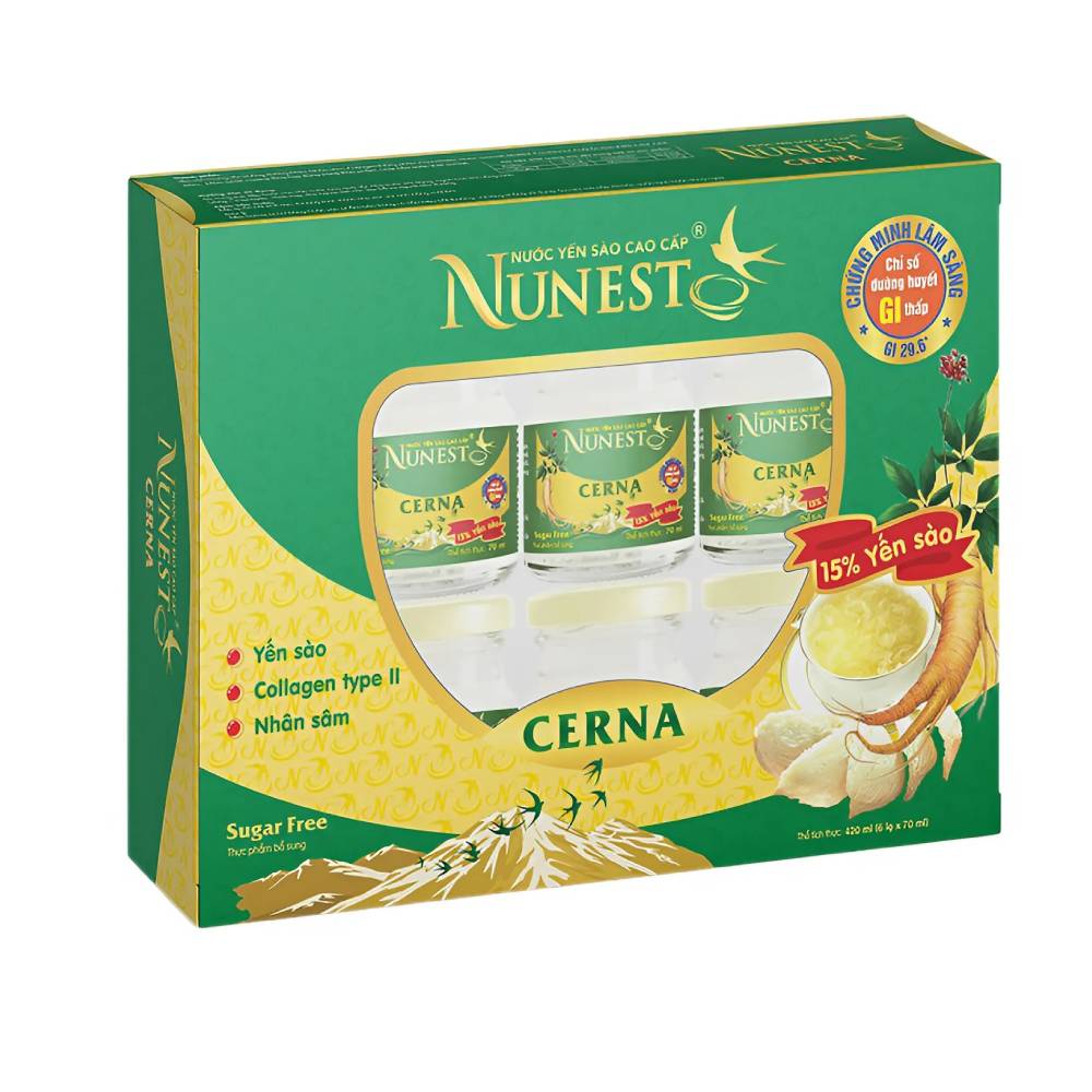 Hộp quà nước yến  Nunest Cerna  không đường 6 lọ*70ml