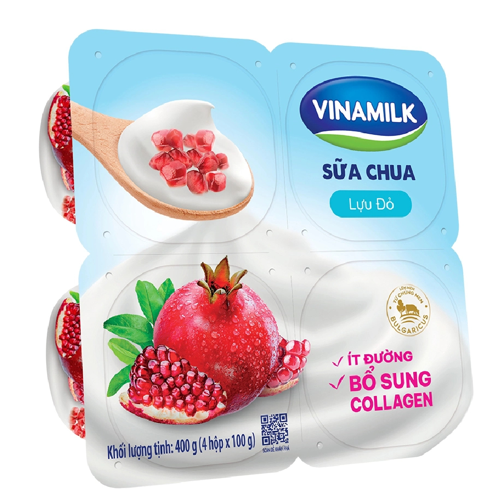 Sữa chua ăn Vinamilk lựu đỏ ít đường-Collagen vỉ 4*100gr